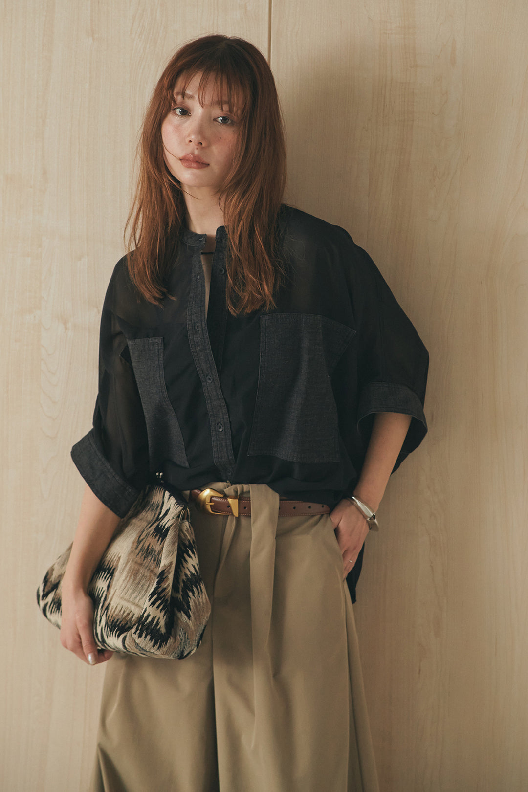 [SET]デニムライクビッグツーポケシアーシャツ+ベルトループデザインハイウエストタックパンツ(2set)