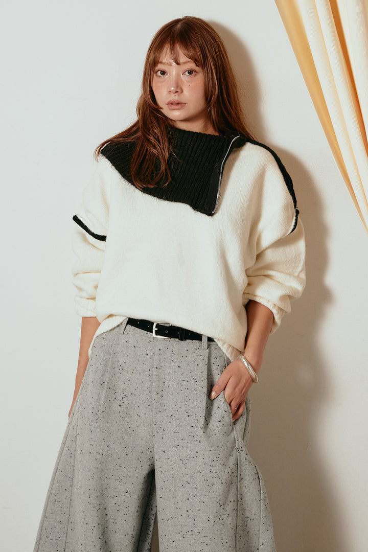 [SET]ハイネックジップデザインニットトップス+ベルト付きネップツイードカーブパンツ(2set)