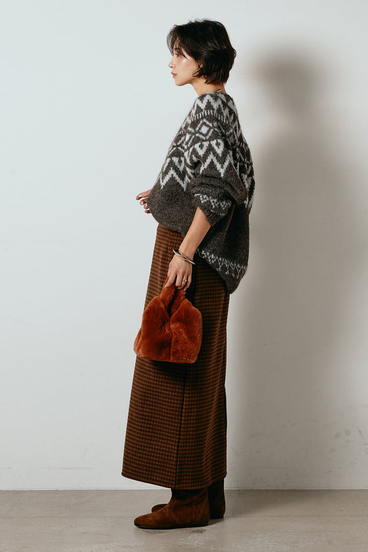 [SET]ノルディック柄Uネックプルオーバー+スエード調ベルト付きチェックナロースカート(2set)