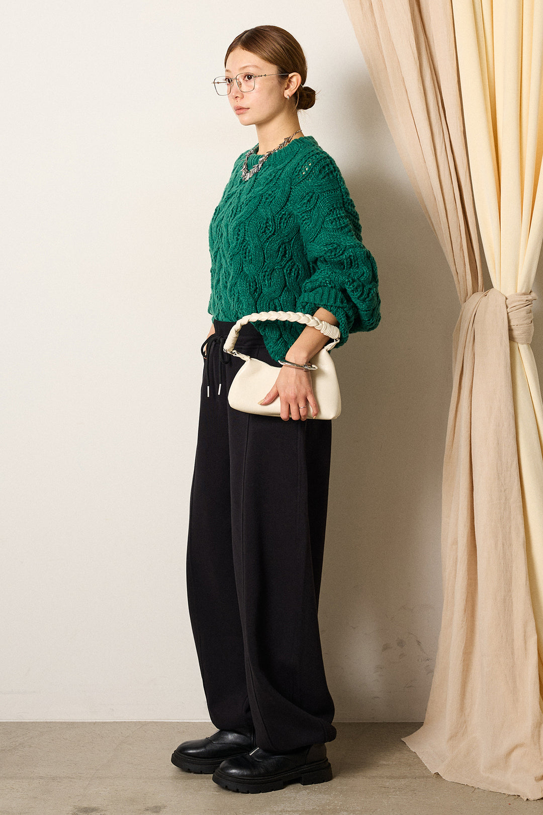 [SET]ケーブルリラックスショートニット+スウェットワイドカーブパンツ(2set)