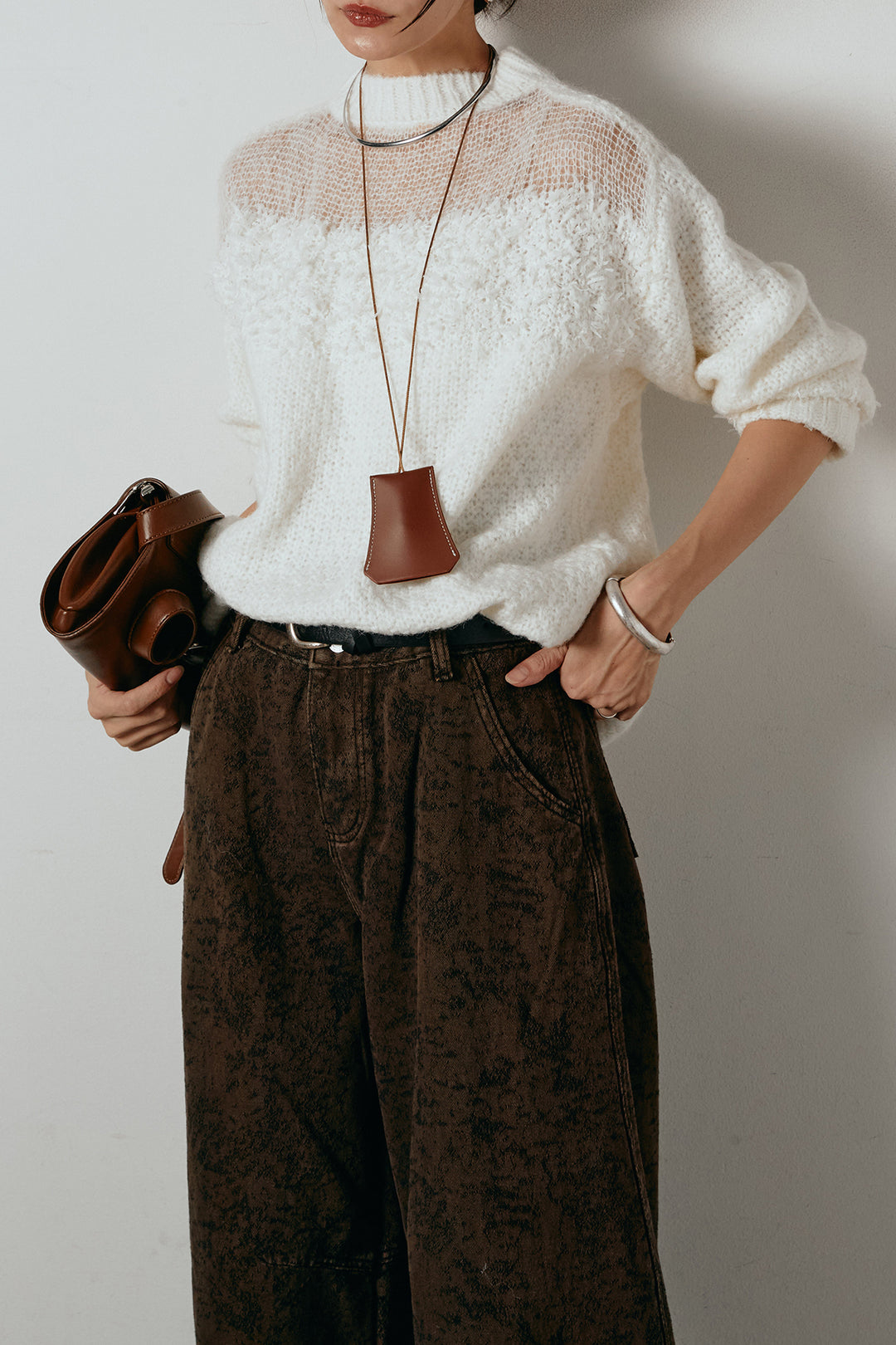 [SET]パターンランダム編みニットトップス+ベルト付きニュアンス柄カーブワイドパンツ(2set)