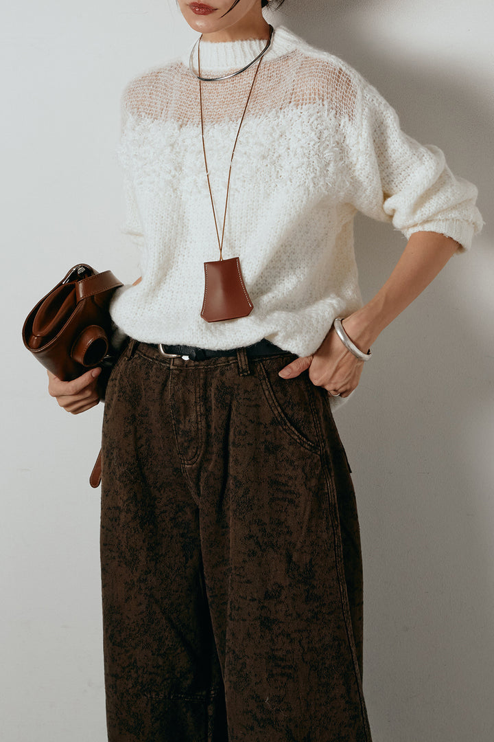 [SET]パターンランダム編みニットトップス+ベルト付きニュアンス柄カーブワイドパンツ(2set)