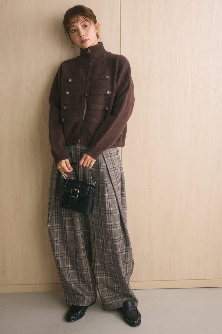 [SET]ナポレオンボタンハイネックニットブルゾン+ブリティッシュチェックバレルパンツ(2set)