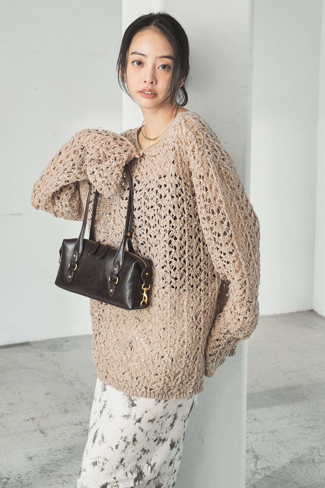 [SET]リラックスメッシュニットトップス+タイダイ柄ベロアワイドスカート(2set)