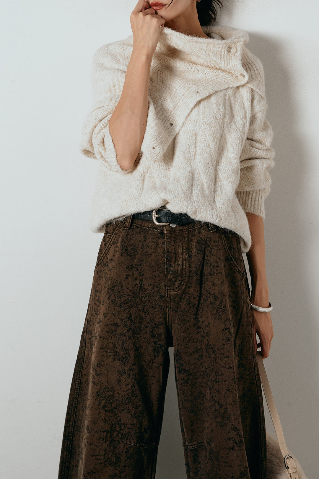 [SET]ケープデザインケーブルニットトップス+ベルト付きニュアンス柄カーブワイドパンツ(2set)