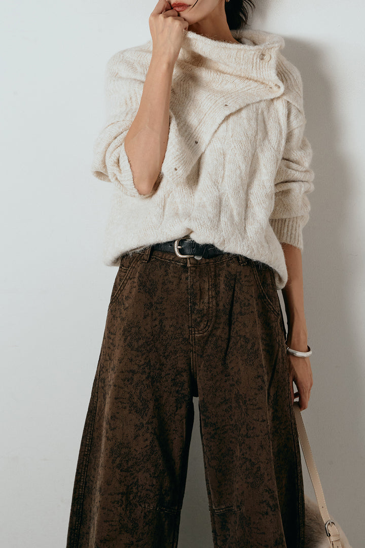 [SET]ケープデザインケーブルニットトップス+ベルト付きニュアンス柄カーブワイドパンツ(2set)