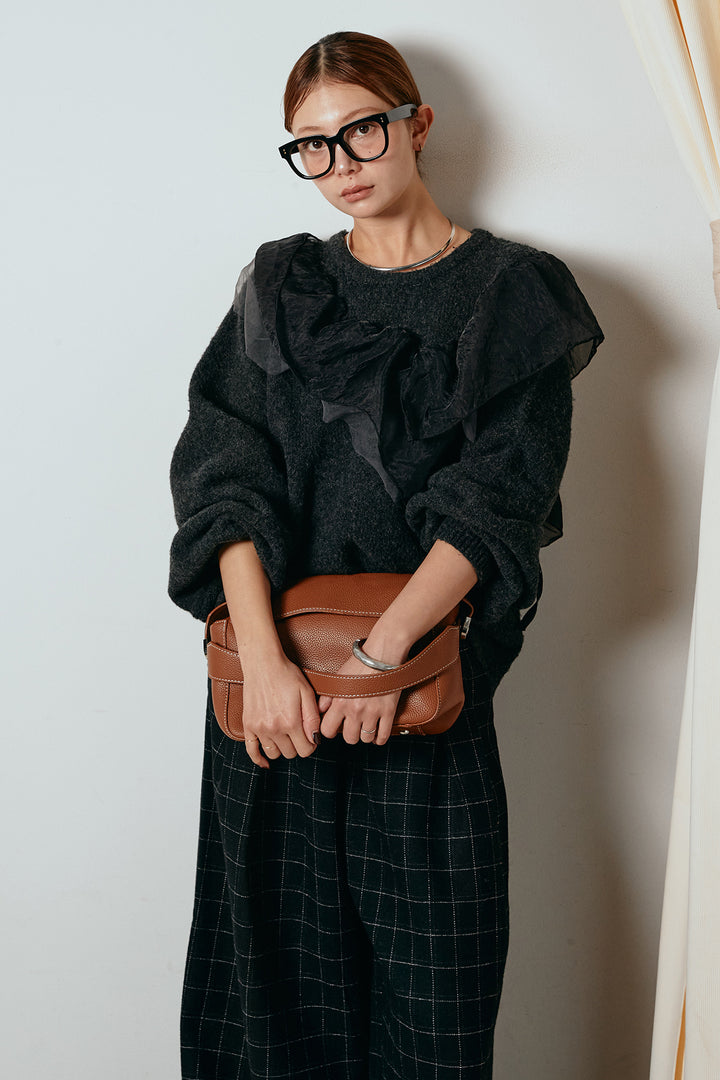 [SET]アシンメトリーフリルニットトップス+ウールライクチェックタックパンツ(2set)