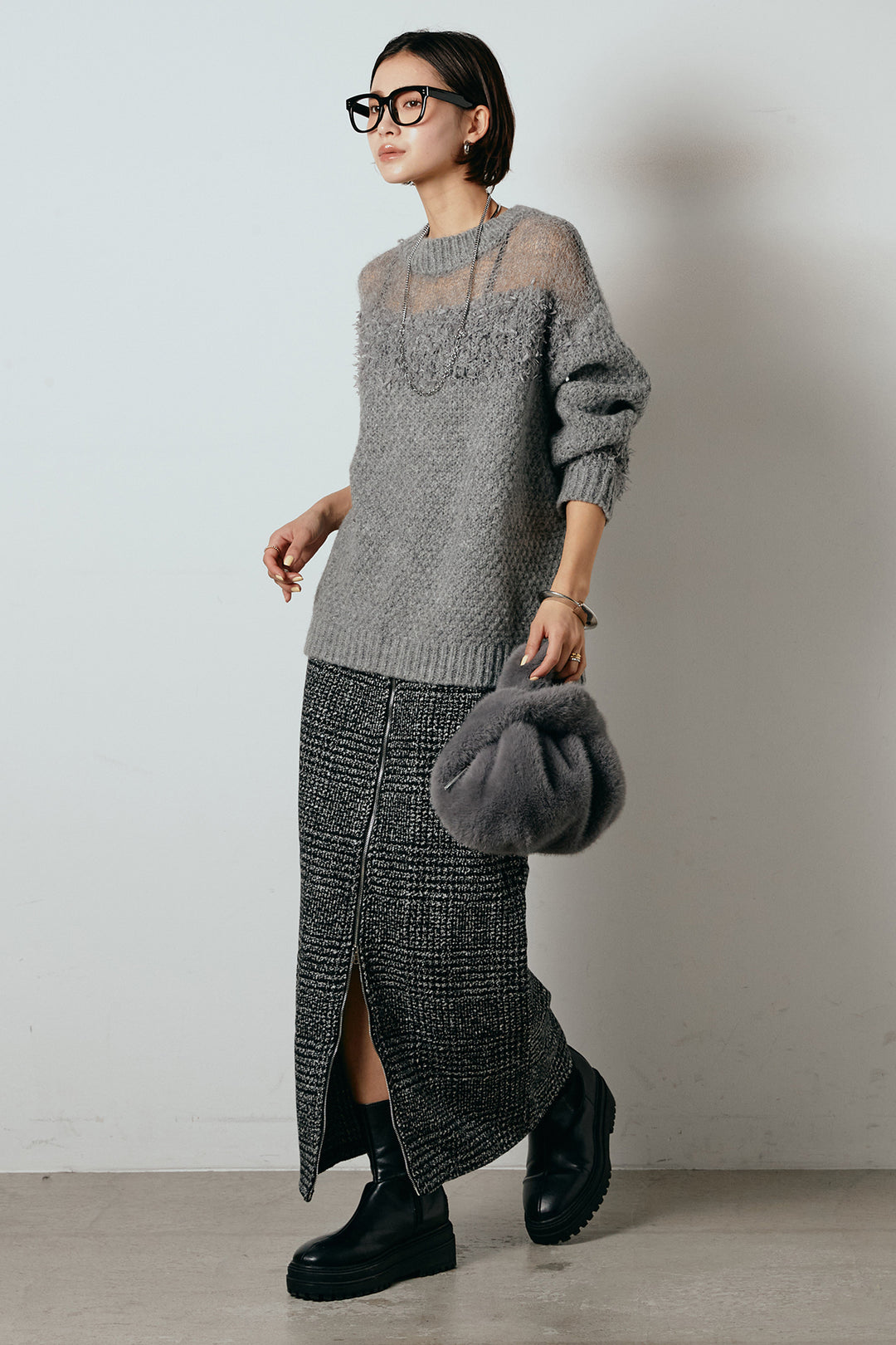 [SET]パターンランダム編みニットトップス+グレンチェック柄フロントジップタイトスカート(2set)