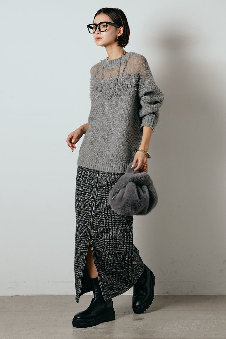 [SET]パターンランダム編みニットトップス+グレンチェック柄フロントジップタイトスカート(2set)