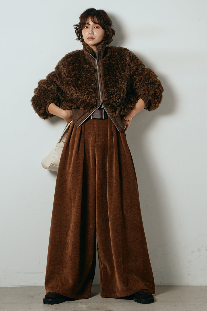 [SET]ハイネックショート丈ボアジップブルゾン+ベルトループコーデュロイワイドパンツ(2set)