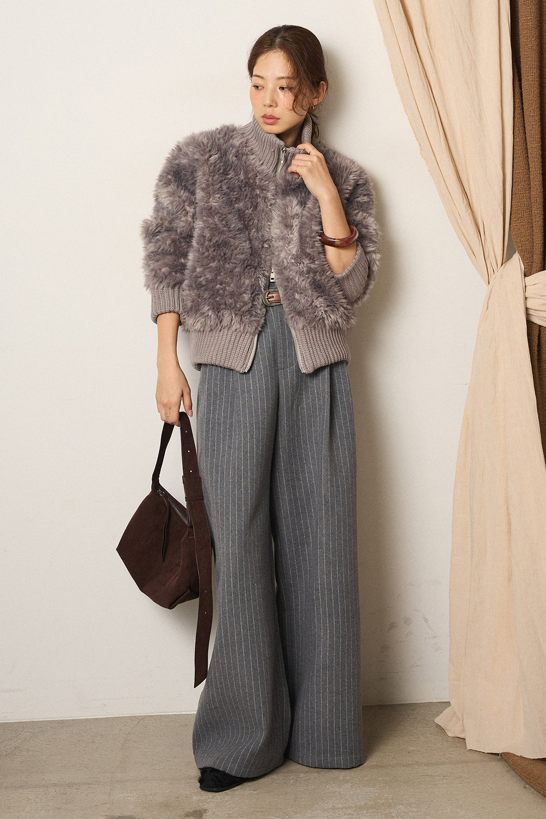 [SET]ハイネックボアブルゾン+ウールライクストライプパンツ(2set)