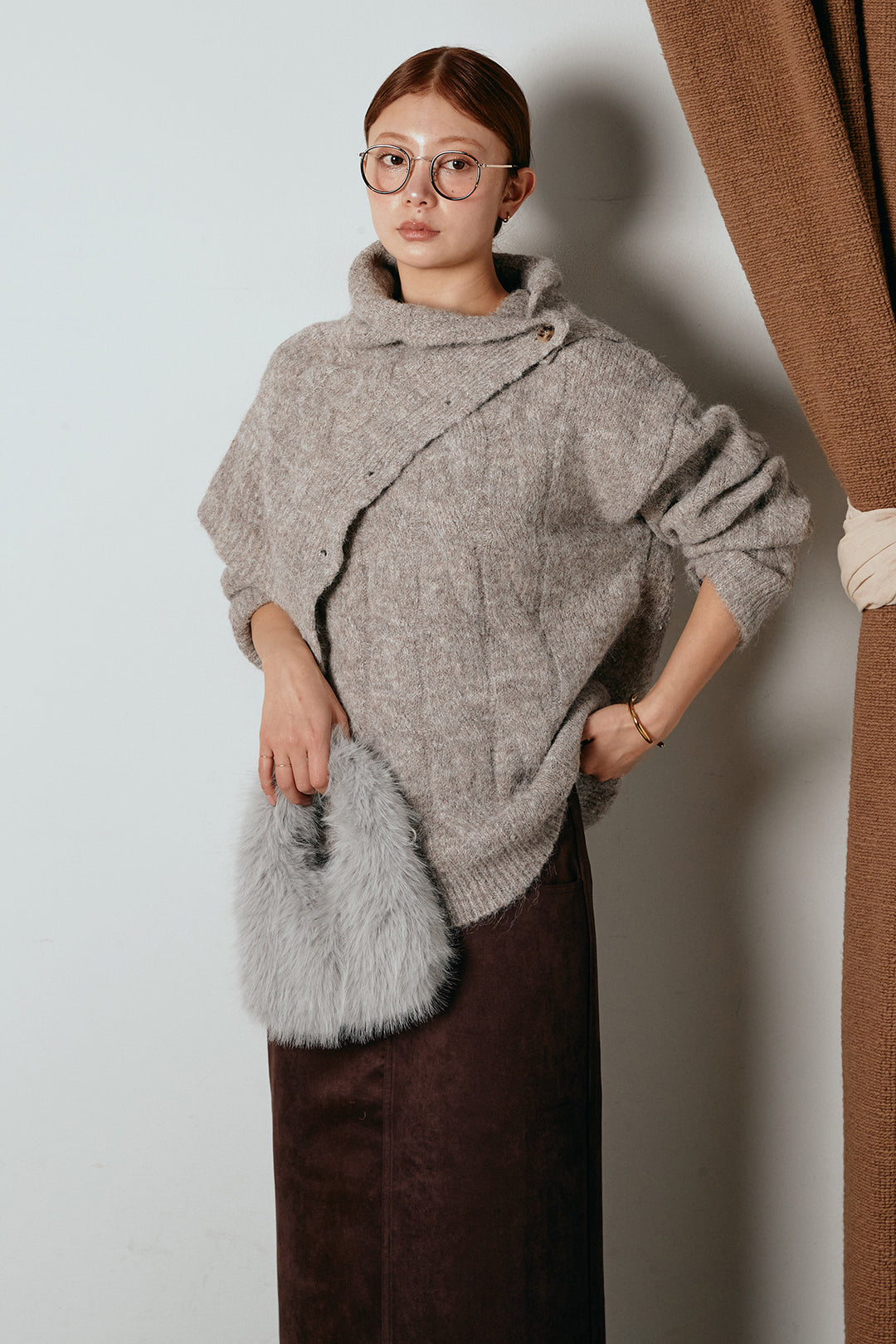 [SET]ケープデザインケーブルニットトップス+スウェードライク裾フリンジスカート(2set)