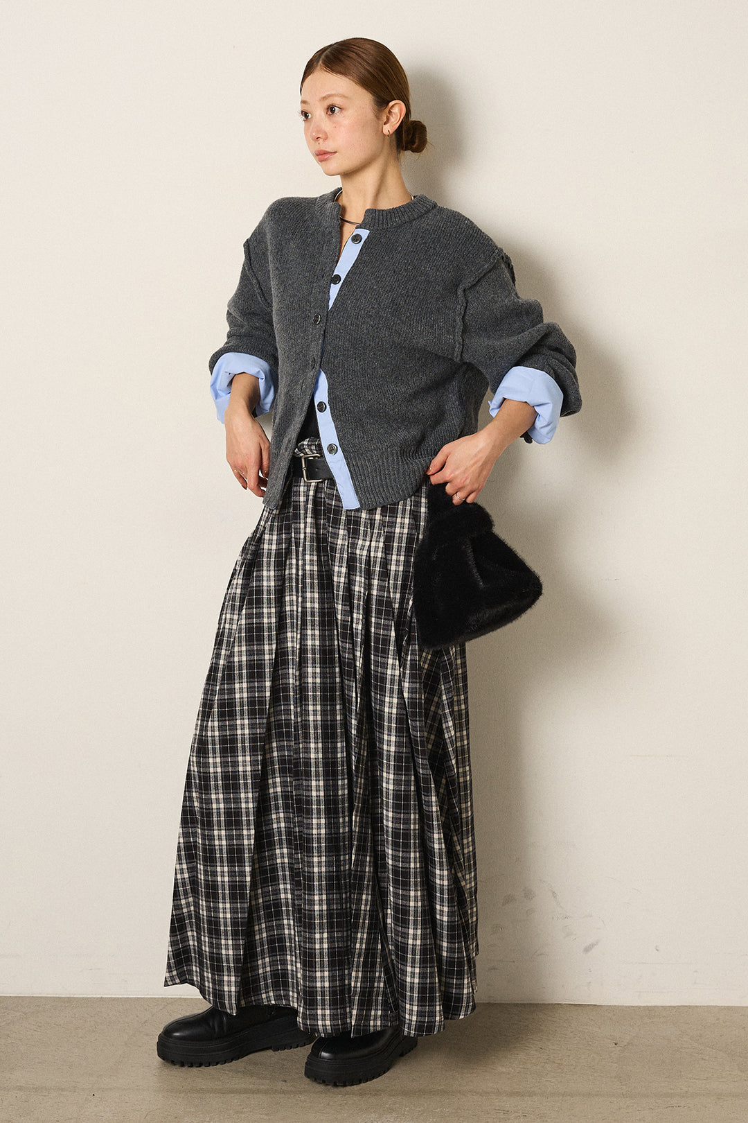[SET]シャツドッキングニットカーディガン+ベルト付きタータンチェックプリーツスカート(2set)