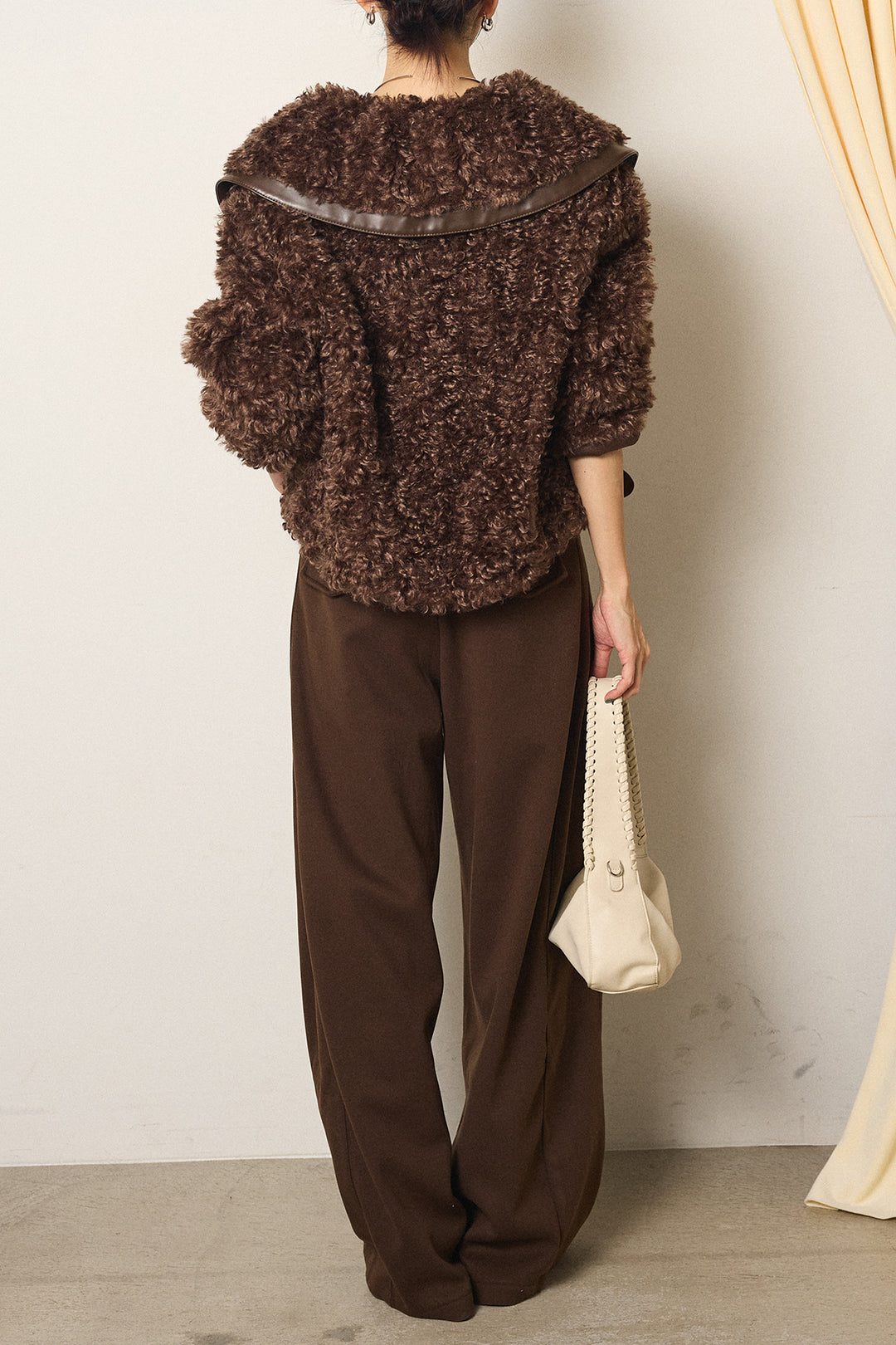 [SET]ビッグカラープードルボアアウター+編みベルト付きワイドパンツ(2set)