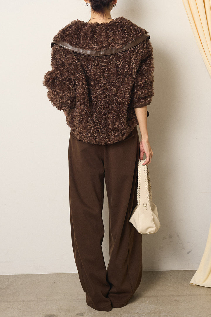 [SET]ビッグカラープードルボアアウター+編みベルト付きワイドパンツ(2set)