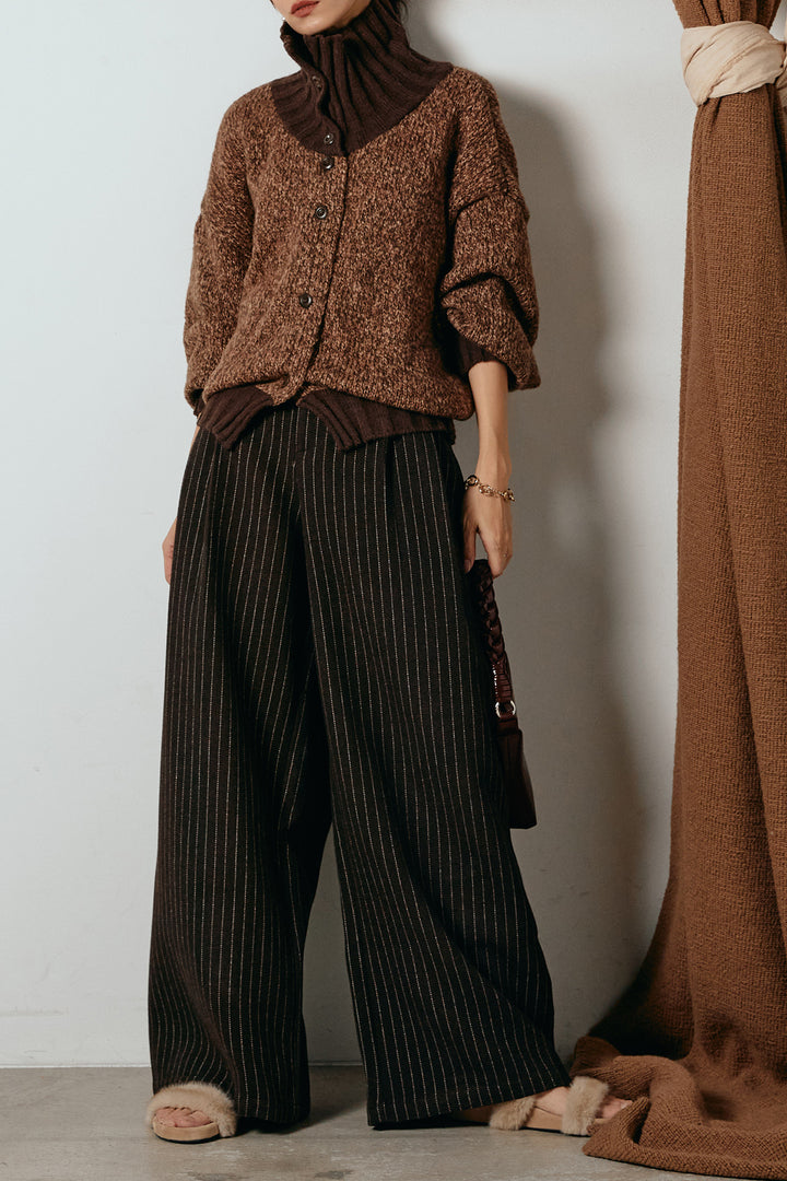 [SET]ハイネックミックスニットカーディガン+ウールライクストライプパンツ(2set)
