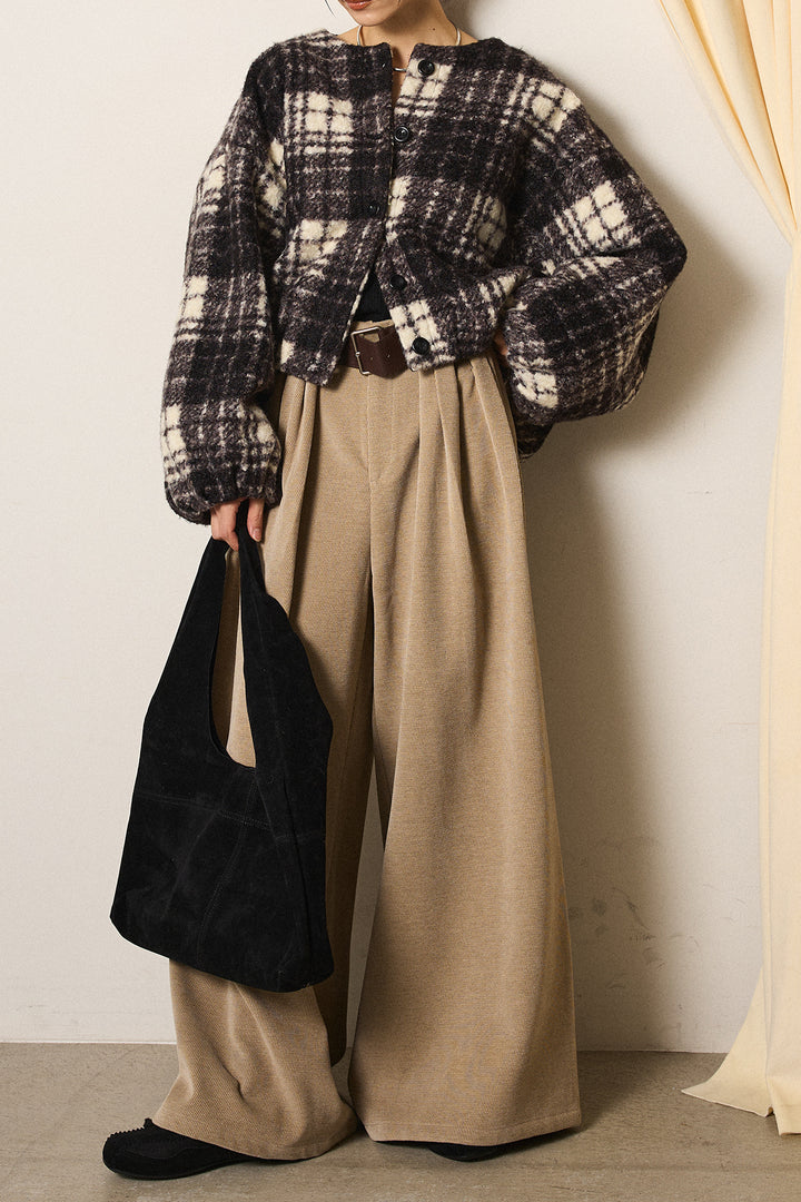 [SET]ノーカラーチェック柄ボアブルゾン+ベルトループコーデュロイワイドパンツ(2set)