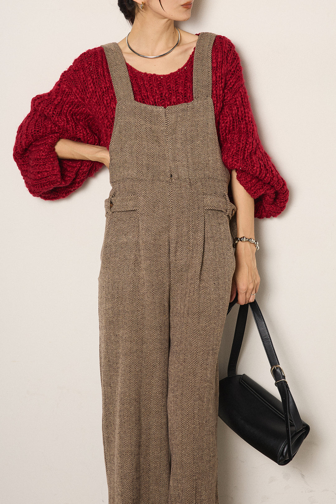 [SET]チャンキースラブニットクロップドプルオーバー+クラシックヘリンボーンサロペット(2set)