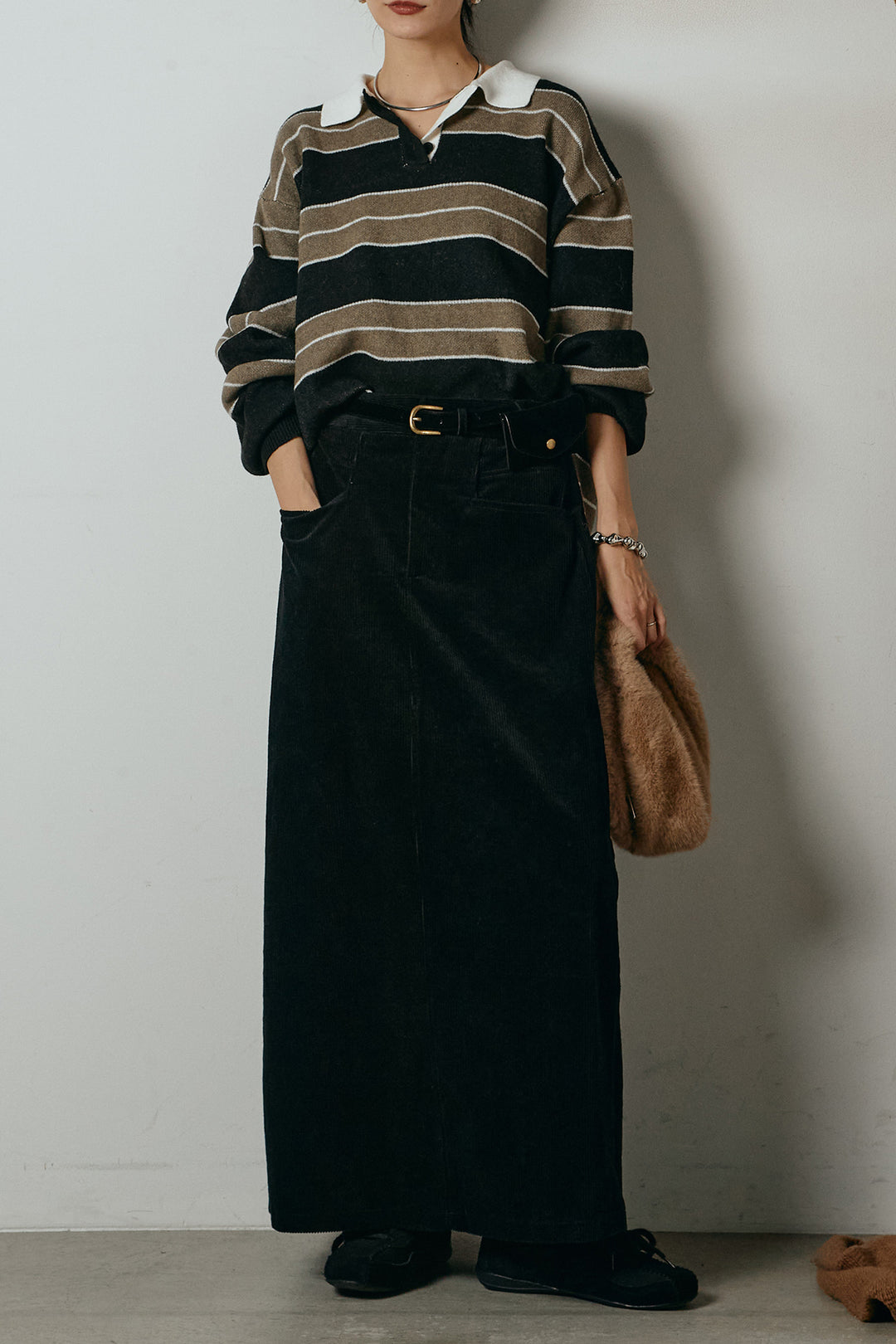 [SET]ラガーニットボーダーポロプルオーバー+ポーチベルト付きコーデュロイワイドスカート(2set)