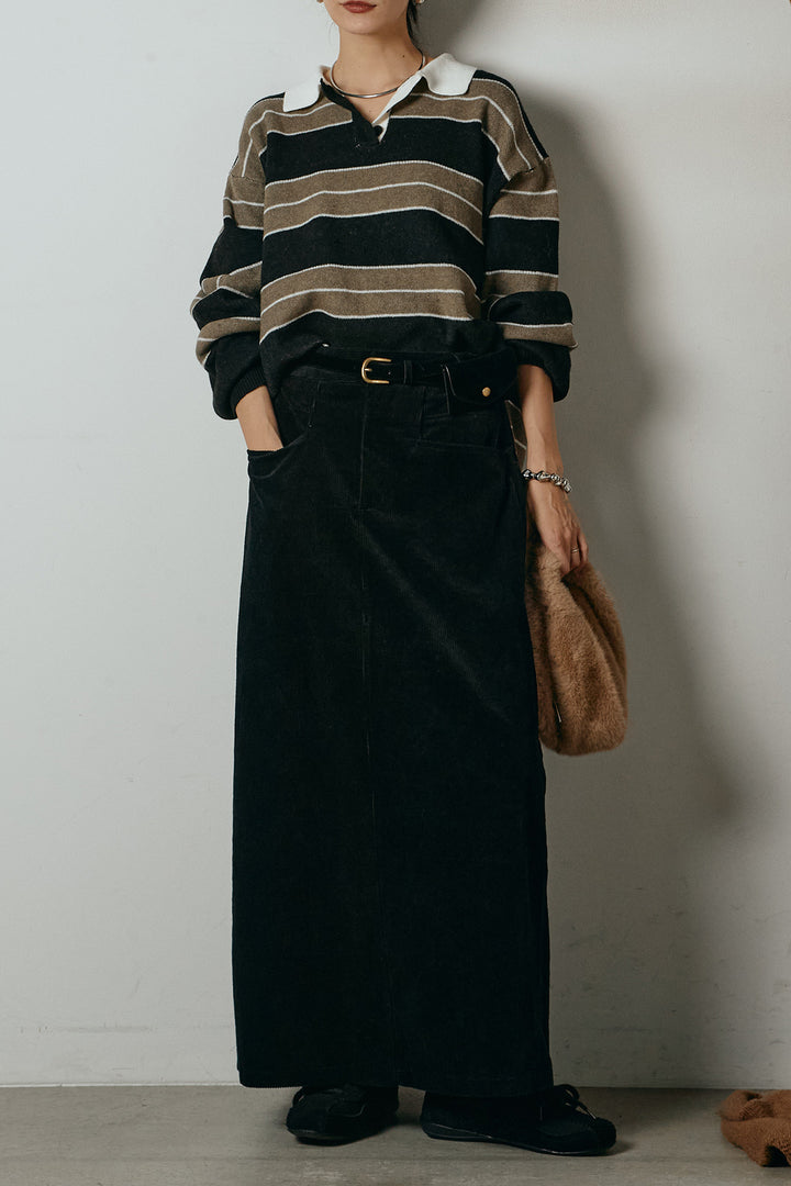 [SET]ラガーニットボーダーポロプルオーバー+ポーチベルト付きコーデュロイワイドスカート(2set)