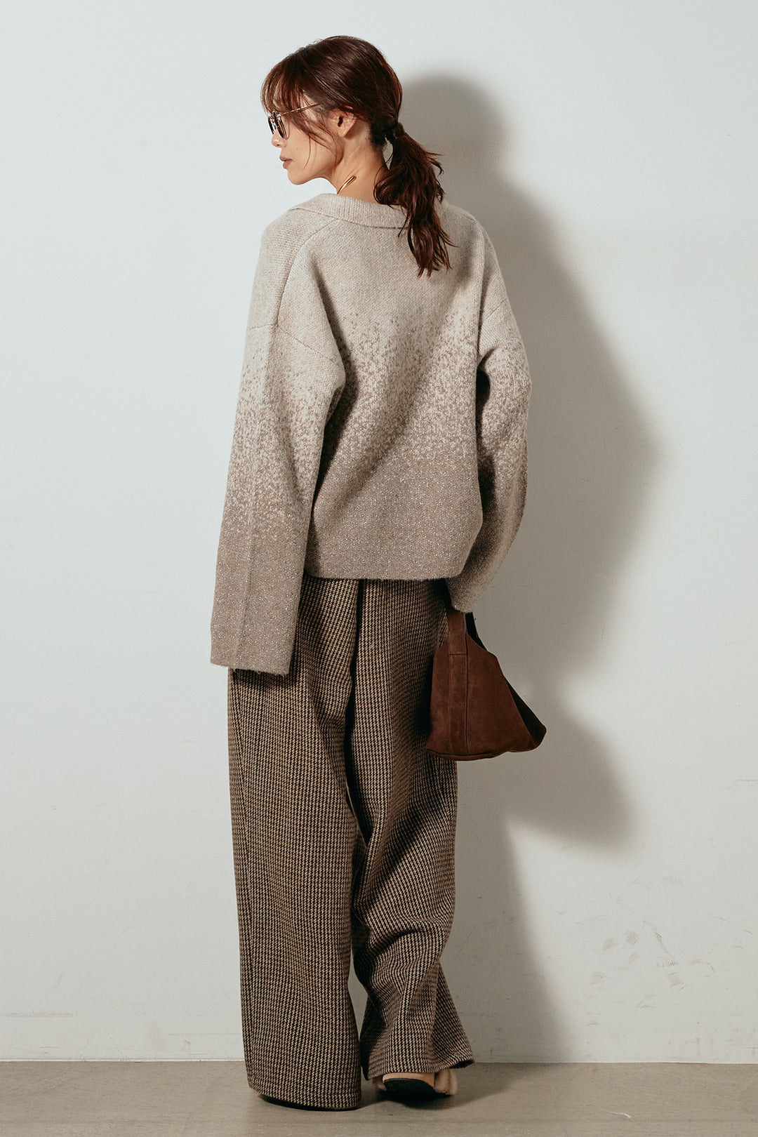 [SET]グラデーションラメニットキーネックプルオーバー+ガンクラブチェックタックパンツ(2set)