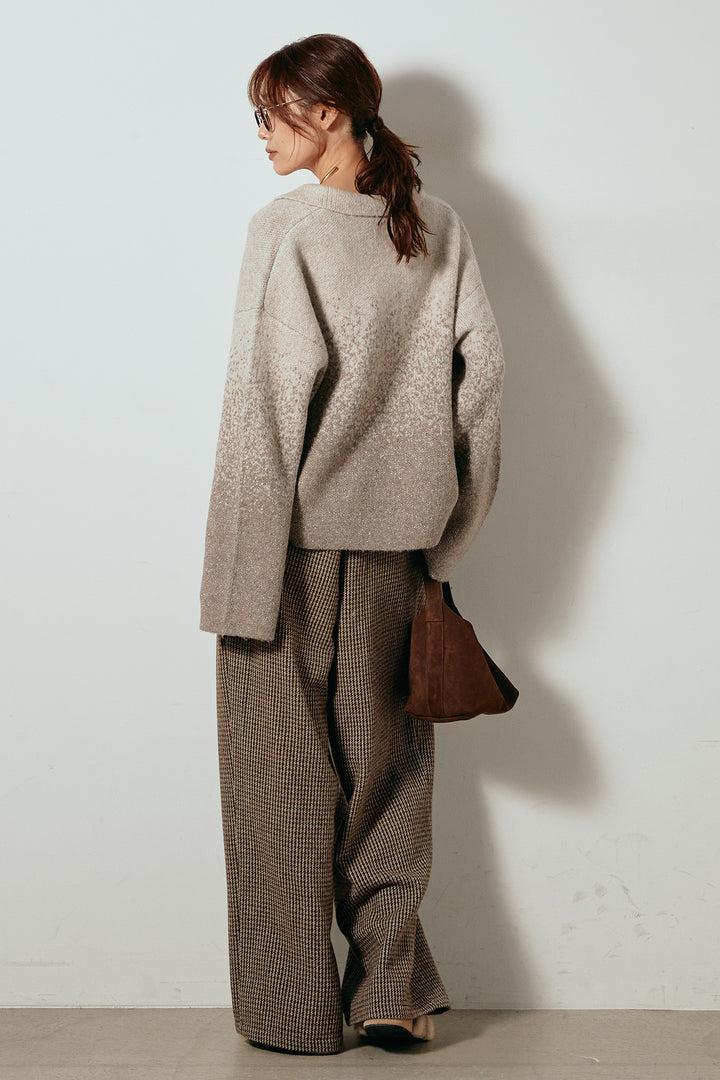 [SET]グラデーションラメニットキーネックプルオーバー+ガンクラブチェックタックパンツ(2set)