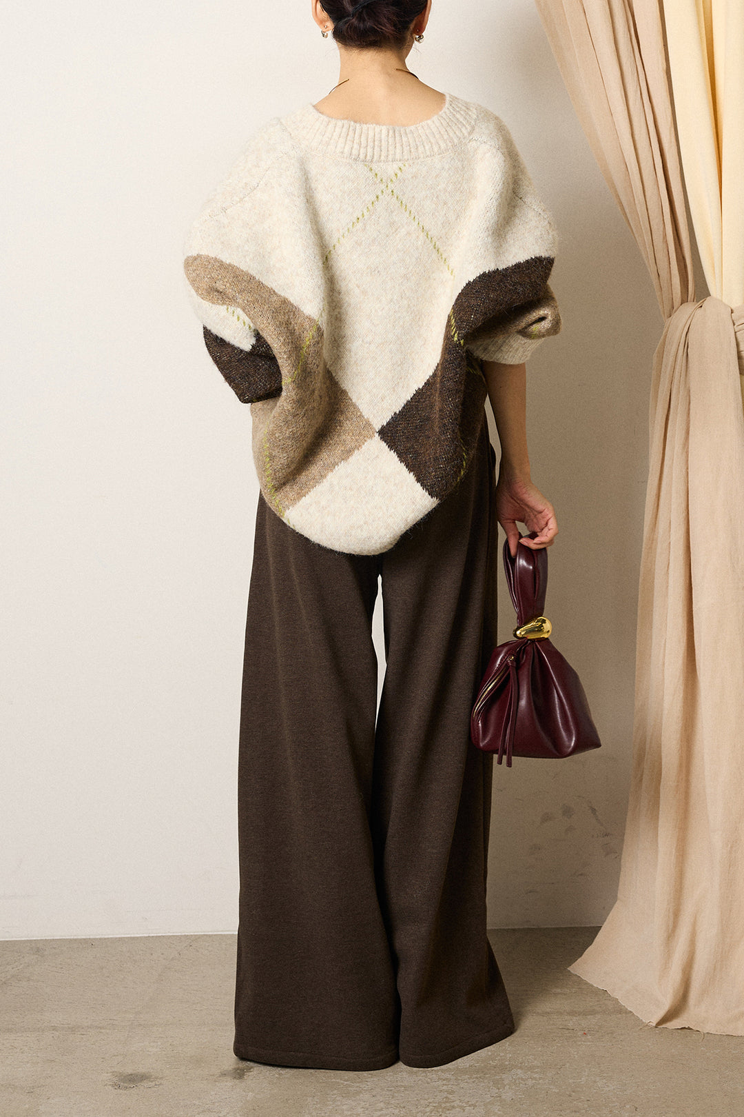 [SET]ルーズアーガイルVネックニット+サイドベルトパンツ(2set)