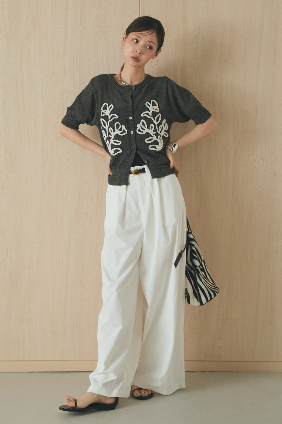 [SET]フロントテープデザイン半袖カーディガン+ベルトループデザインハイウエストタックパンツ(2set)