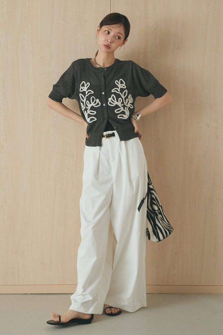 [SET]フロントテープデザイン半袖カーディガン+ベルトループデザインハイウエストタックパンツ(2set)