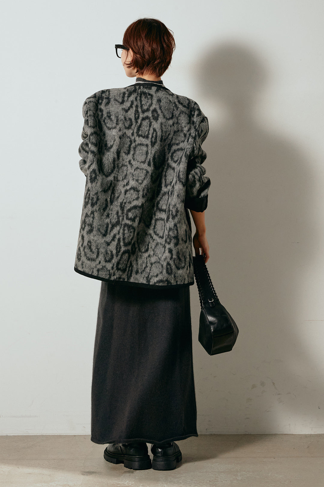 [SET]ノーカラーレオパード柄アウター+ノースリーブニットロングワンピース(2set)