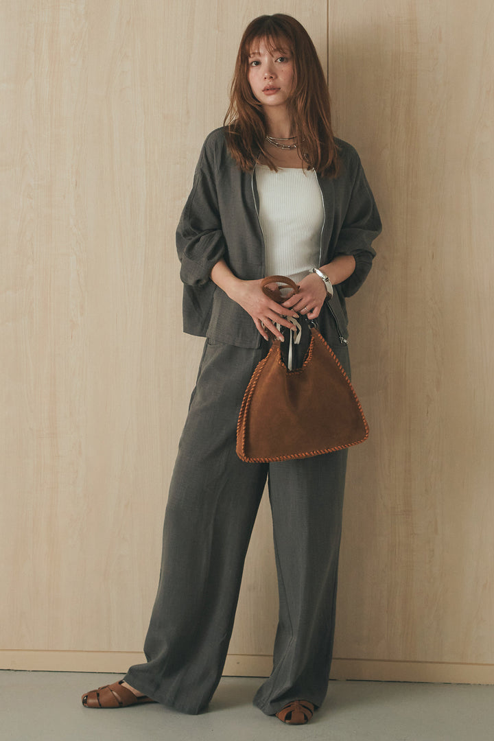 [SET]麻混ノーカラーブルゾン+麻混ウエストドロストパンツ(2set)