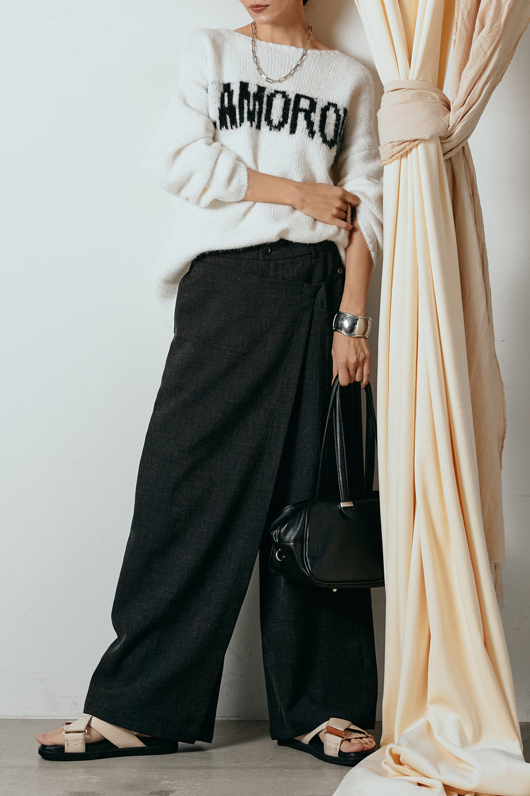 [SET]フロントロゴデザインニットトップス+ラップ巻きワイドスラックス(2set)