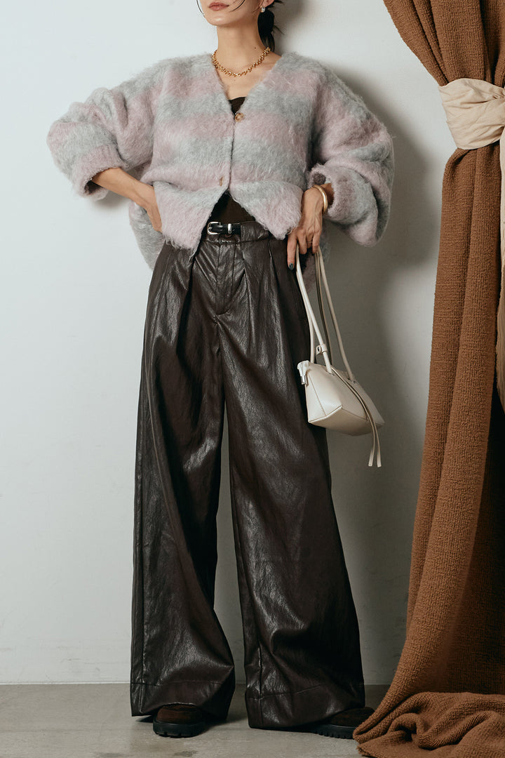 [SET]シャギーボーダー柄ニットカーディガン+ベルト付きレザーライクタックパンツ(2set)