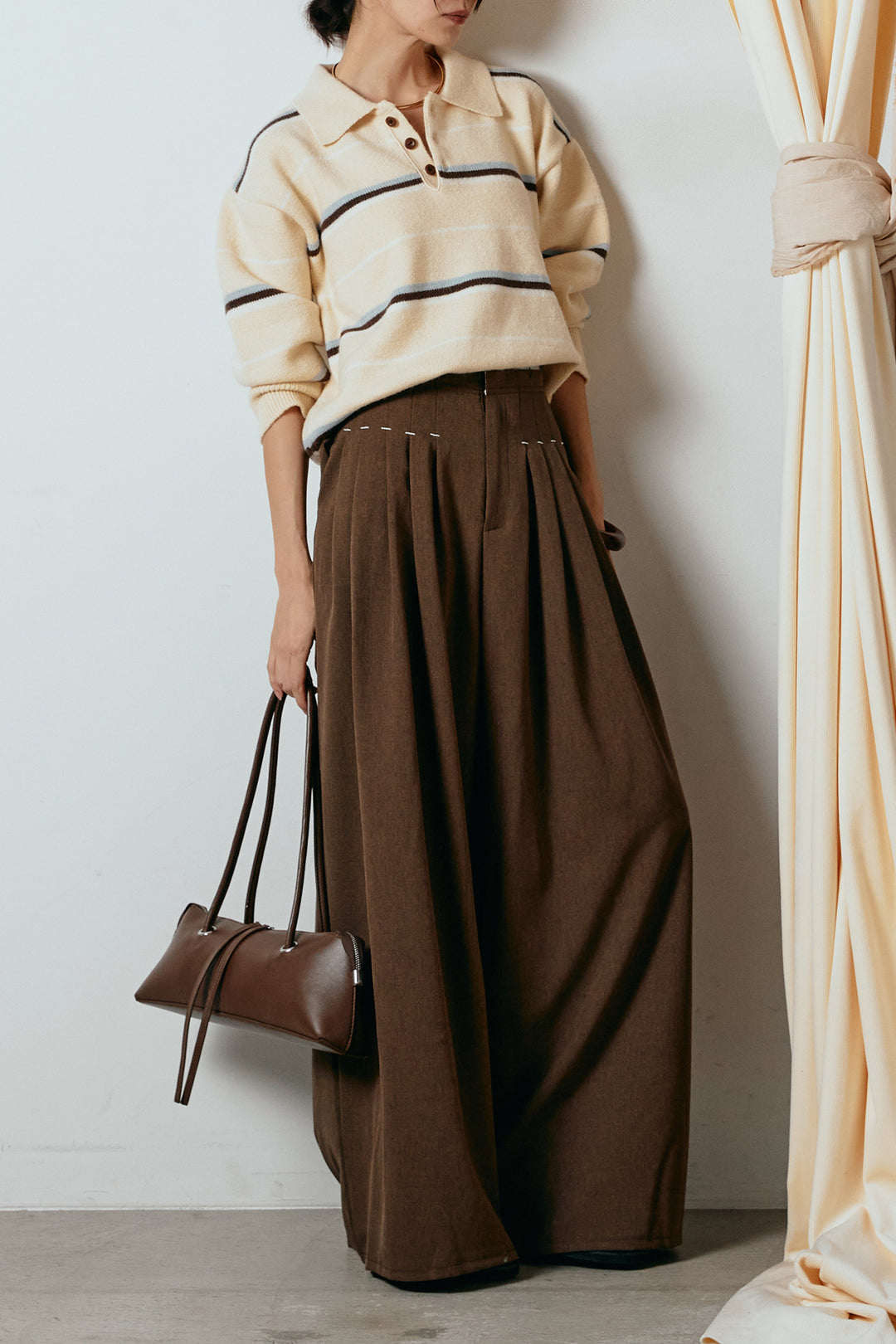 [SET]襟付きマルチボーダーニットポロトップス+ウエストステッチデザインワイドスラックス(2set)