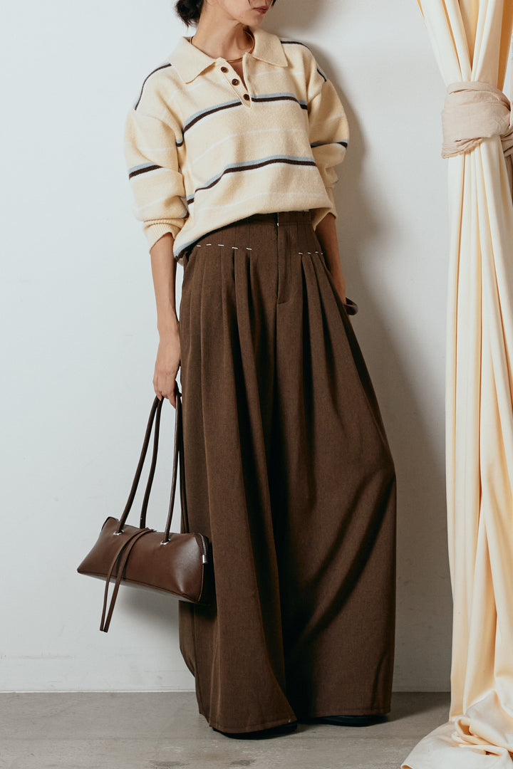 [SET]襟付きマルチボーダーニットポロトップス+ウエストステッチデザインワイドスラックス(2set)