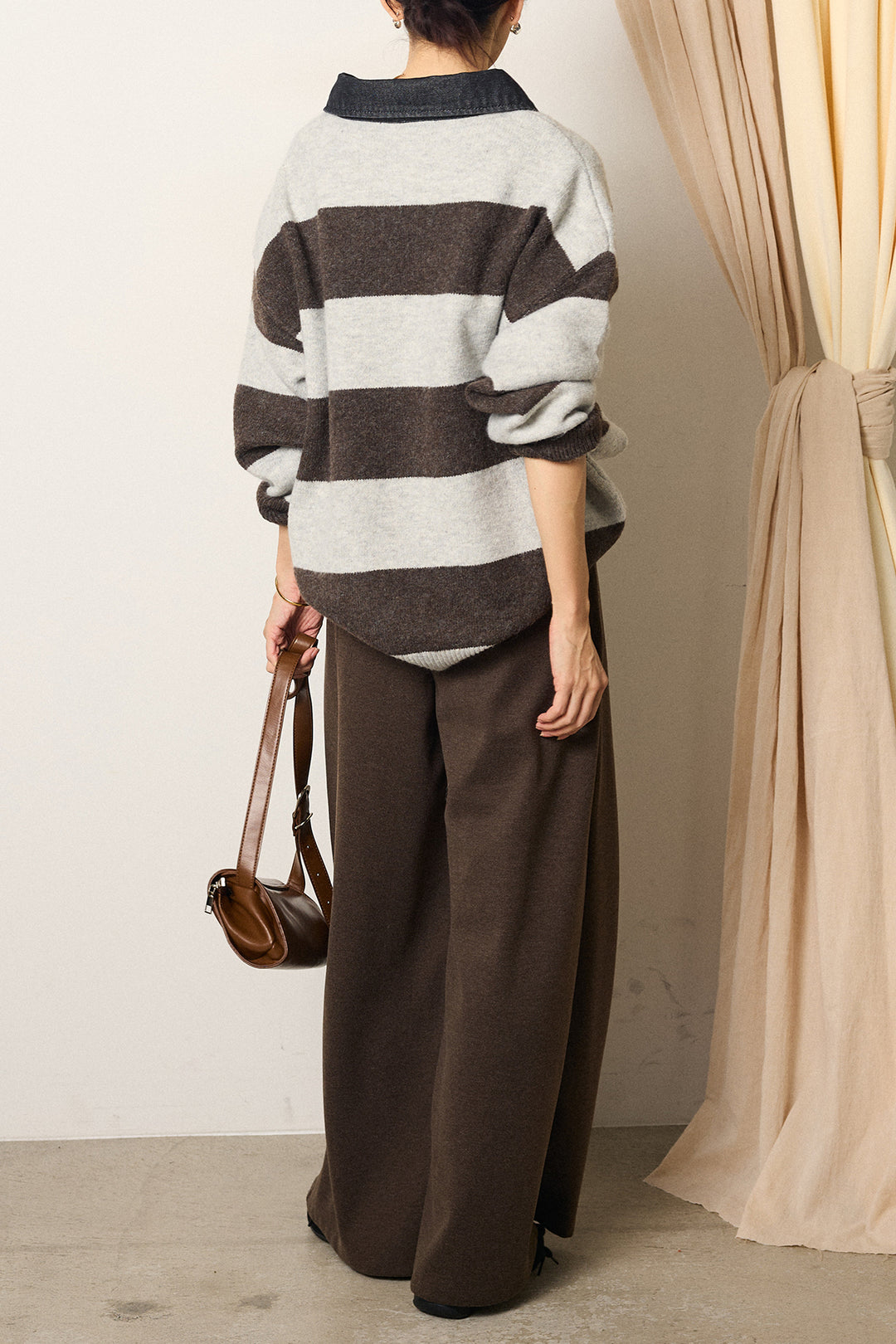 [SET]デニムカラーボーダールーズニット+ゴールドバックル太ベルト付きワイドパンツ(2set)