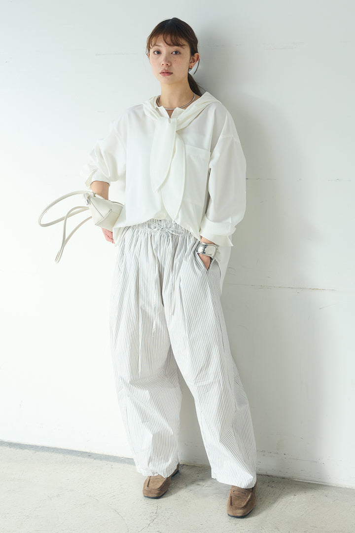 [SET]無地タイ付フーディーBIGシャツ+ランダムストライプタックギャザーパンツ(2set)