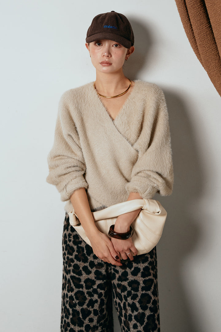 [SET]シャギーカシュクールニットトップス+リラックスレオパード柄ニットパンツ(2set)