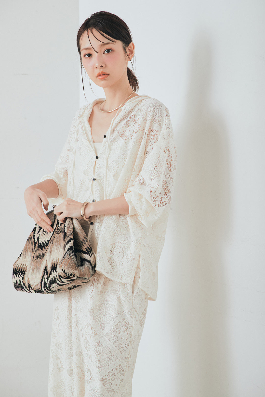 [SET]ブロックレースフード付きブラウス+リラックスブロックレースワイドパンツ(2set)