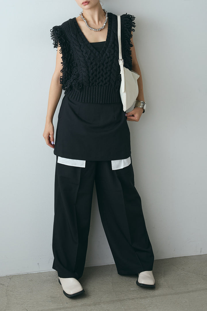 [SET]Vネックループフリンジニットベスト+ストレートパンツ＆ミニスカートセット(2set)