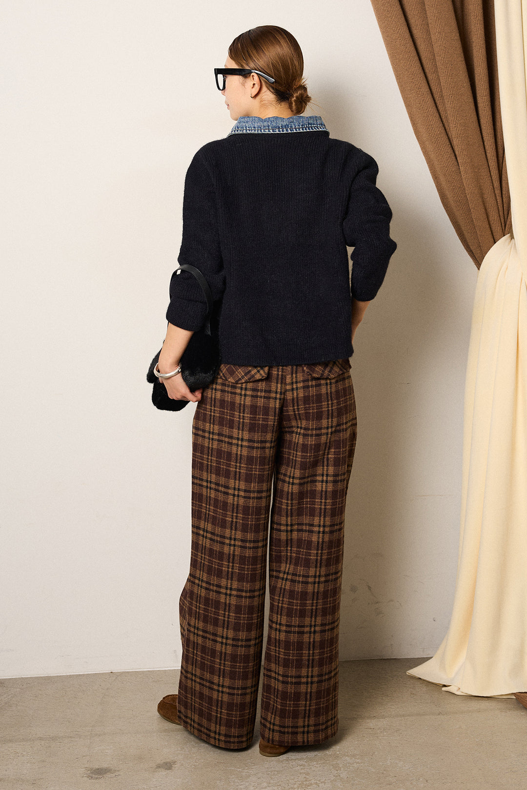 [SET]デニム襟ダブルジップニットトップス+スタッズデザインベルトタータンチェックパンツ(2set)