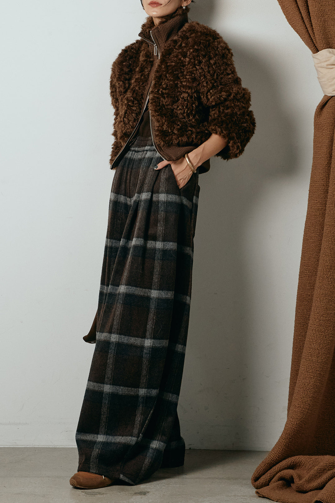 [SET]ハイネックショート丈ボアジップブルゾン+起毛タータンチェック柄ワイドパンツ(2set)