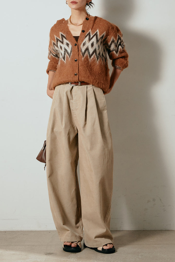 [SET]起毛ノルディック柄ニットカーディガン+フロントタック入りコーデュロイパンツ(2set)