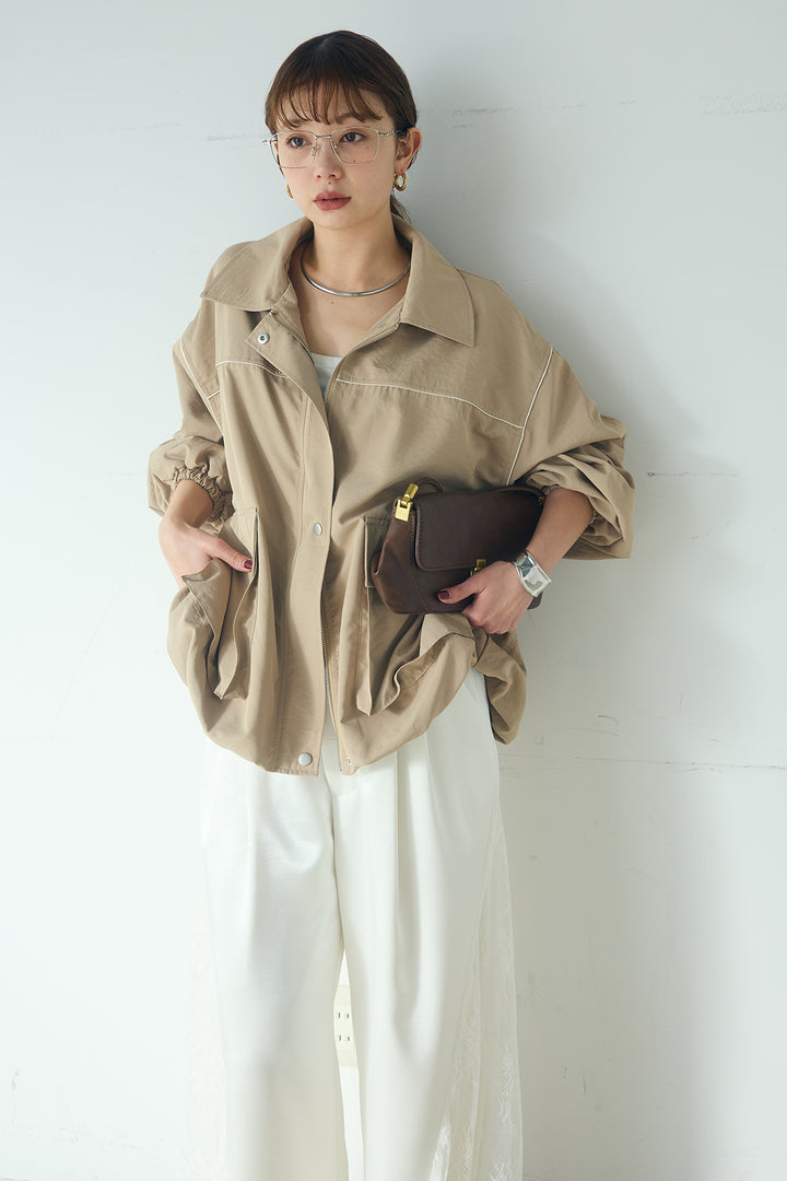 [SET]合繊ツイルバルーンジャケット+サテンレース切り替えタックパンツ(2set)