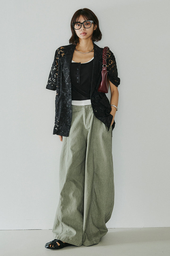 [SET]シアージャガードハーフスリーブテーラードジャケット+サイドベルトカーブワイドパンツ(2set)