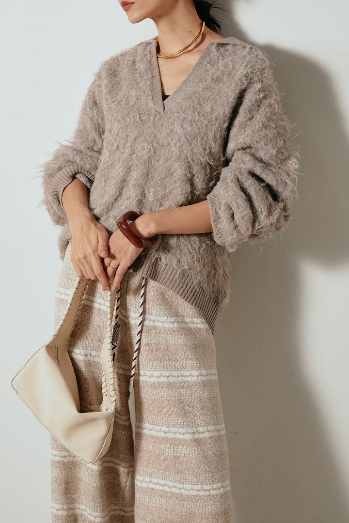 [SET]襟付きシャギーニットポロトップス+マルチライン柄リラックスニットパンツ(2set)