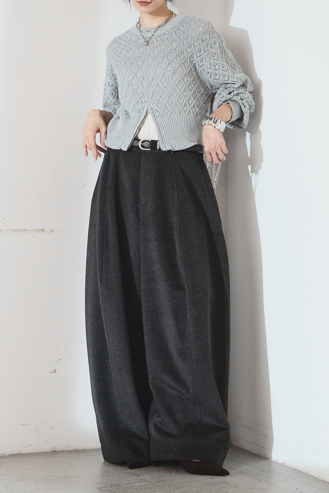 [SET]透かし編みニットジップスリットプルオーバー+ウールタッチカーブワイドパンツ(2set)