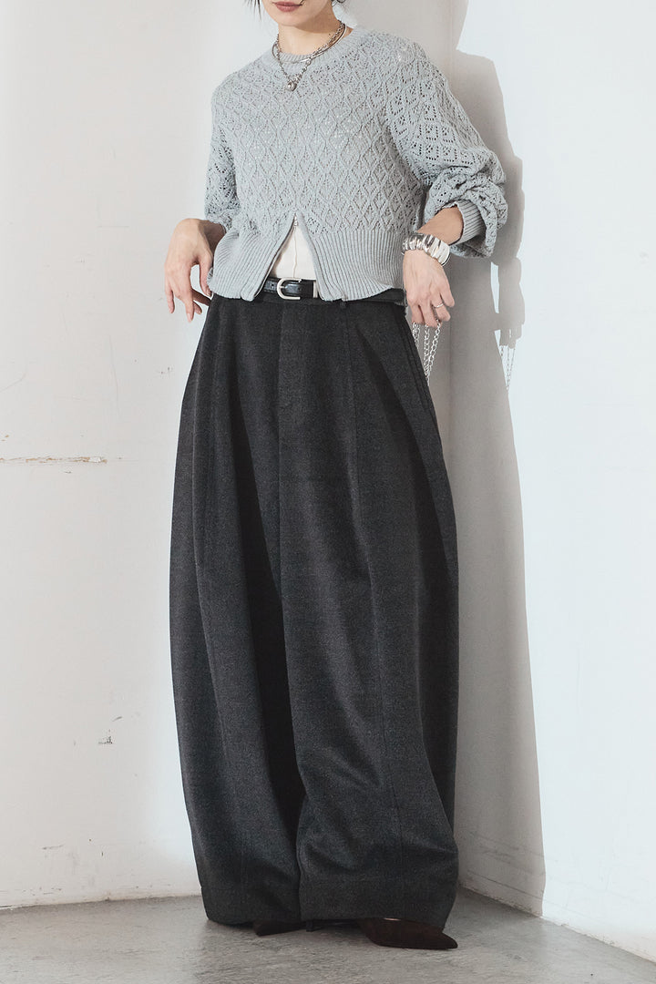 [SET]透かし編みニットジップスリットプルオーバー+ウールタッチカーブワイドパンツ(2set)