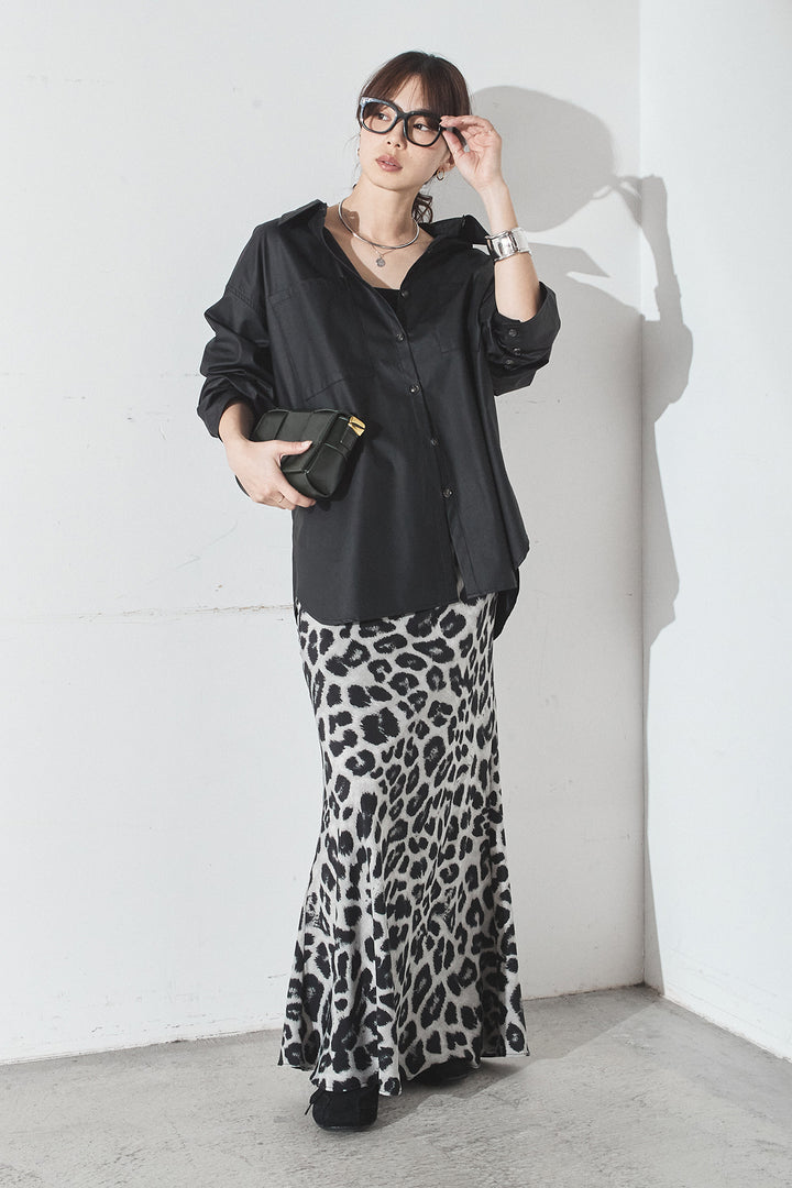 [SET]ウォッシャブルエコレザービックカフスシャツ+レオパードサテンナロースカート(2set)