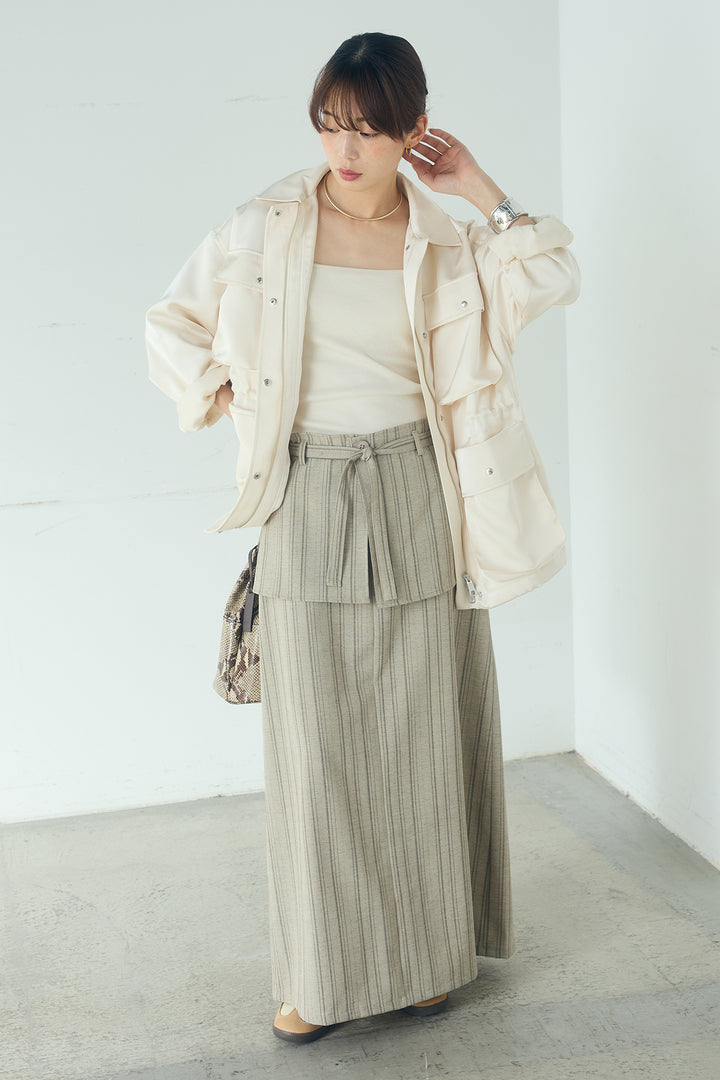 [SET]サテンライトブルゾン+ラップ巻きピンストライプワイドスカート(2set)